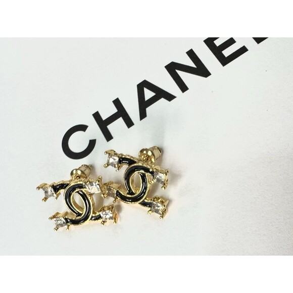 Chanel CC Vintage Gold Black Cursive Enamel Crystal Stud Earrings